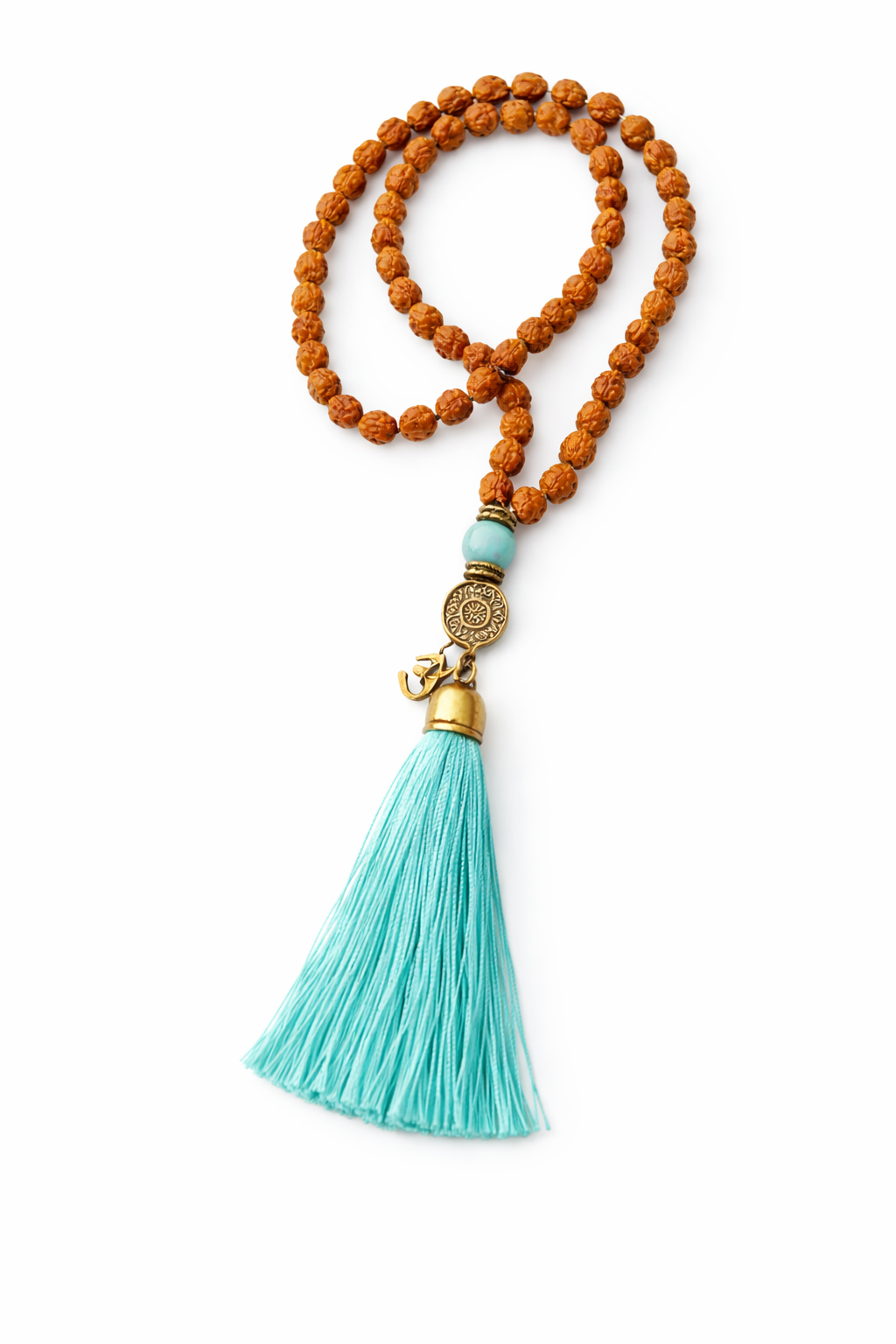 Mala de Rudraksha con Borla Turquesa – Calma y Protección