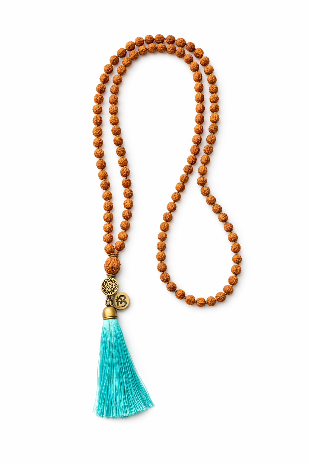 Mala de Rudraksha con Borla Turquesa – Calma y Protección